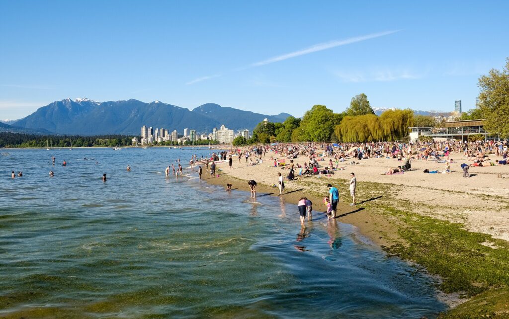 Busy lakeside beach with people sunbathing and swimming, calm water, city buildings and green trees beyond, with mountains in the distance under a blue sky.