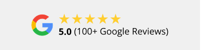 Google logo with five gold stars and the rating: 5.0 (100+ Google Reviews)