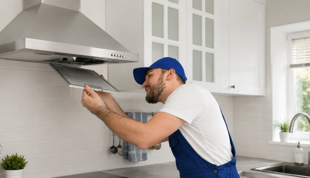 Professional handyman in blue overalls installing a stainless steel kitchen range hood against a white tiled wall.