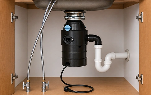 Under-sink view showing a garbage disposal unit connected to a drain with a white PVC P-trap under a cabinet.