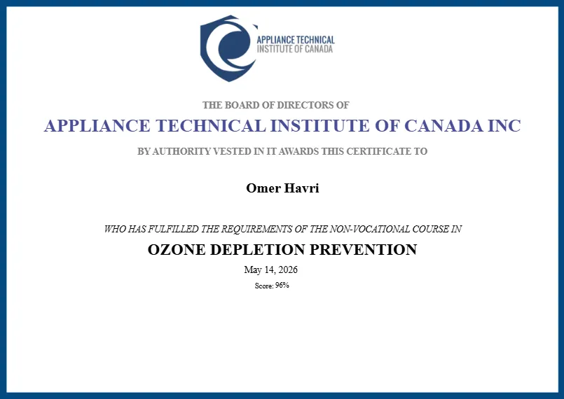Certificate of completion from Appliance Technical Institute of Canada Inc to Omer Havri for Ozone Depletion Prevention, May 14, 2026, score 96%.