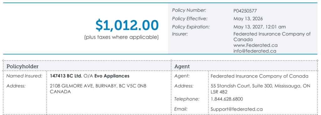 Policy summary page showing a premium of $1,012.00 and policy details (number P04250577, effective May 13, 2026, expiring May 13, 2027) with Federated Insurance Company of Canada; includes insured name and address and agent contact info in dotted policy tables.